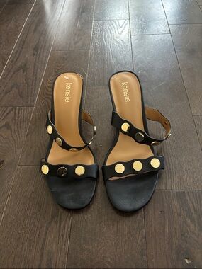 kensie Black Slide Sandals with Gold Disc Accents